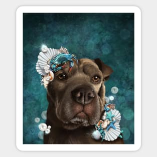 Zodiac Shar Pei under the sea, covered in starfish and shells Sticker